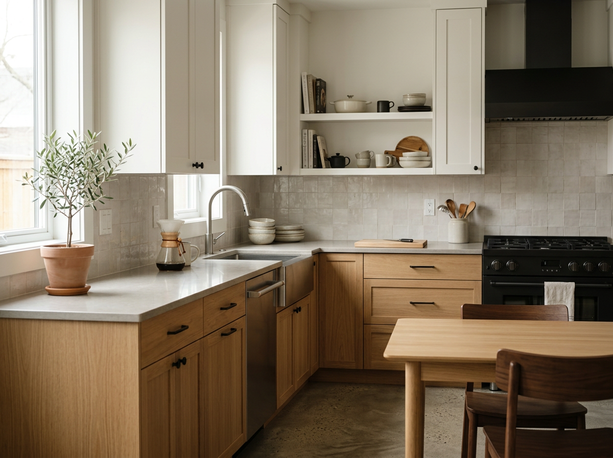 A cozy kitchen with white upper cabinets, light wood lower cabinets, a marble countertop, black stove, and a small wooden dining table with chairs. Decor includes potted plant, bowls, and utensils.