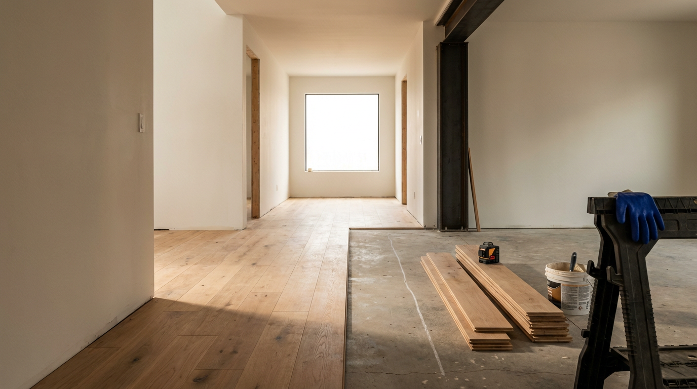 Interior of a house under renovation, with hardwood flooring partially installed, construction tools, and materials, with a large window in the background.