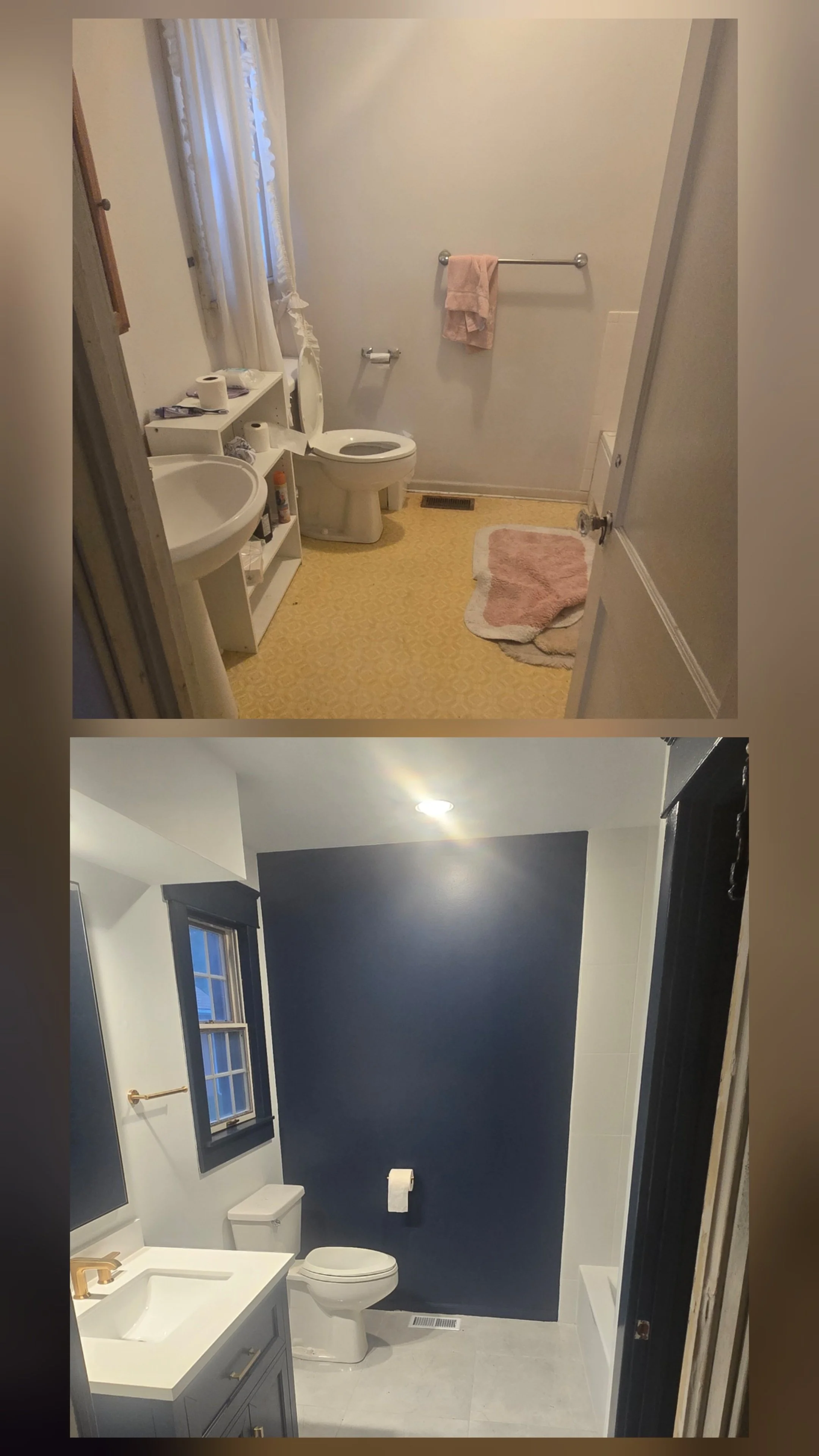 Before and after photos of a bathroom renovation. The top image shows an old bathroom with yellow patterned flooring, a pedestal sink, a toilet, a small shelf with toiletries, a pink towel, and a pink bath mat. The bottom image shows the renovated bathroom with a clean, modern design featuring a dark blue accent wall, a new white toilet, a vanity with a white countertop and gold fixtures, and white flooring.