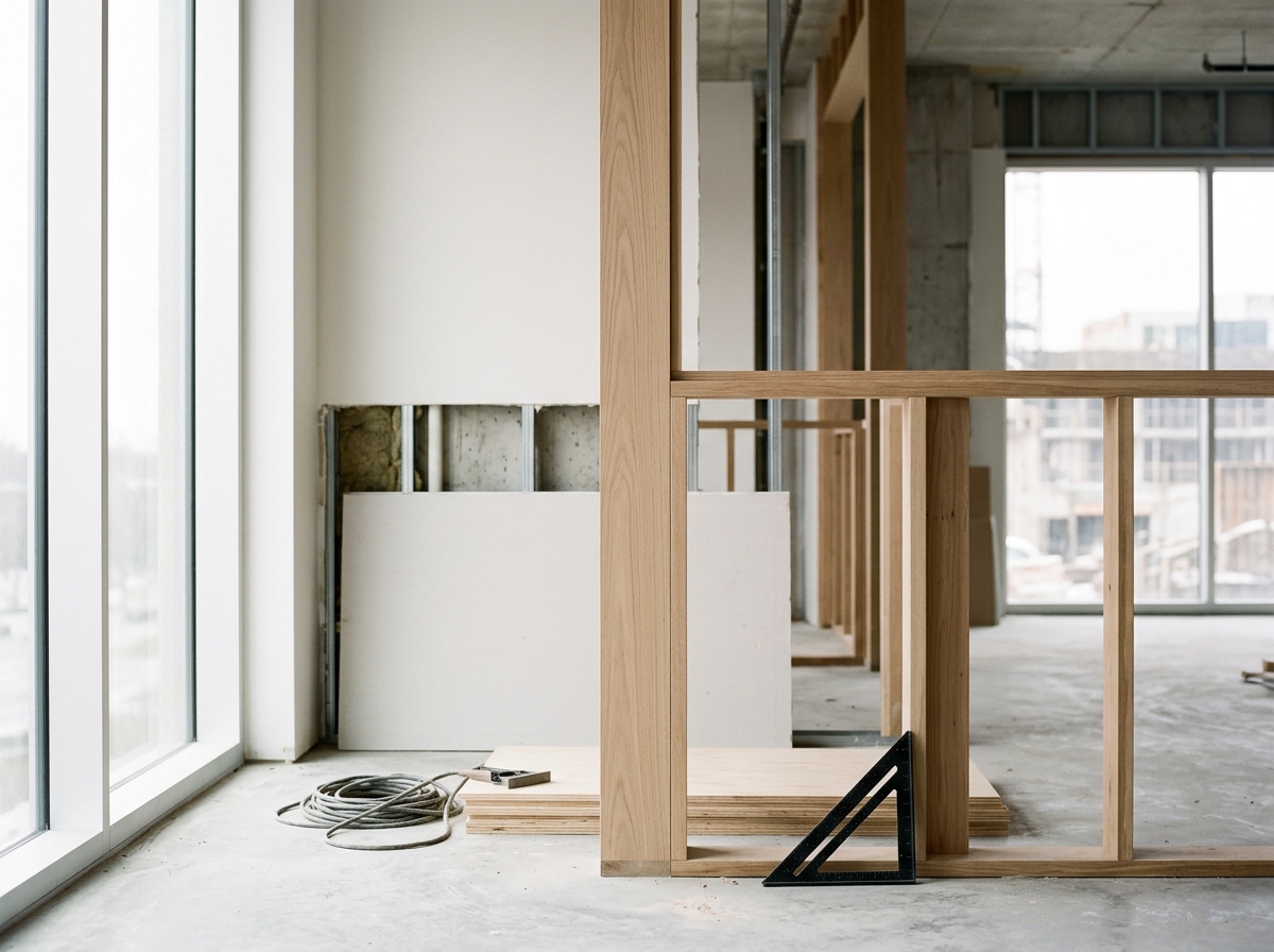Interior of a building under construction with wooden framing, large floor-to-ceiling windows, and construction materials including wood panels, a measuring square, and an electrical cord on the floor.