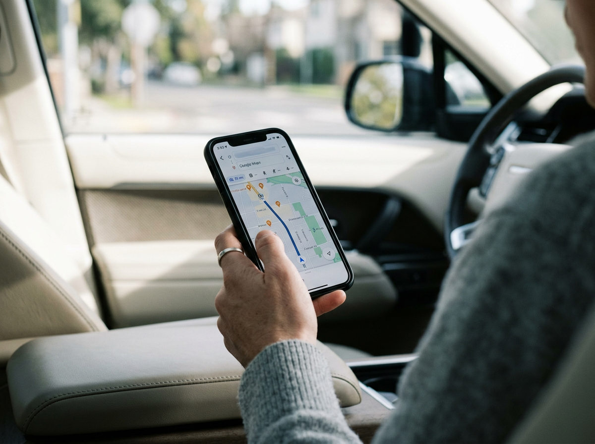 Person holding a smartphone with a GPS map app open, sitting in the passenger seat of a car. The driver is visible and the car is on a residential street.