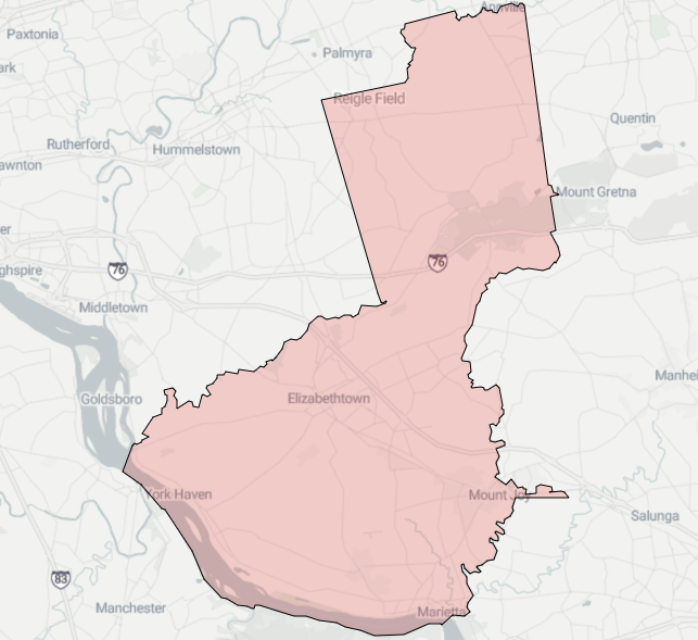 An outline of the 98th district on a map, reaching from the Susquehanna river, Mount Joy, and York Haven in the south, up through Elizabethtown and beyond.