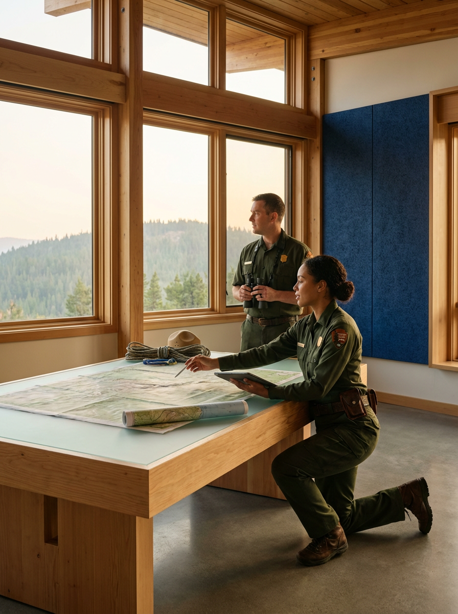 Two park rangers survey a beautiful forest. They are in an outlook post with binoculars, marking a point on a map on the table in front of them.