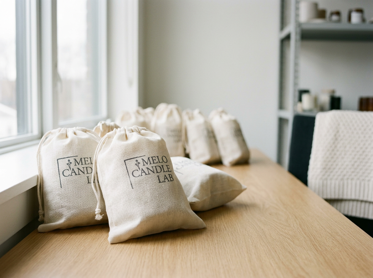 Several bags labeled 'Melo Candle Lab' arranged on a wooden table next to a beige pillow in a bright room.