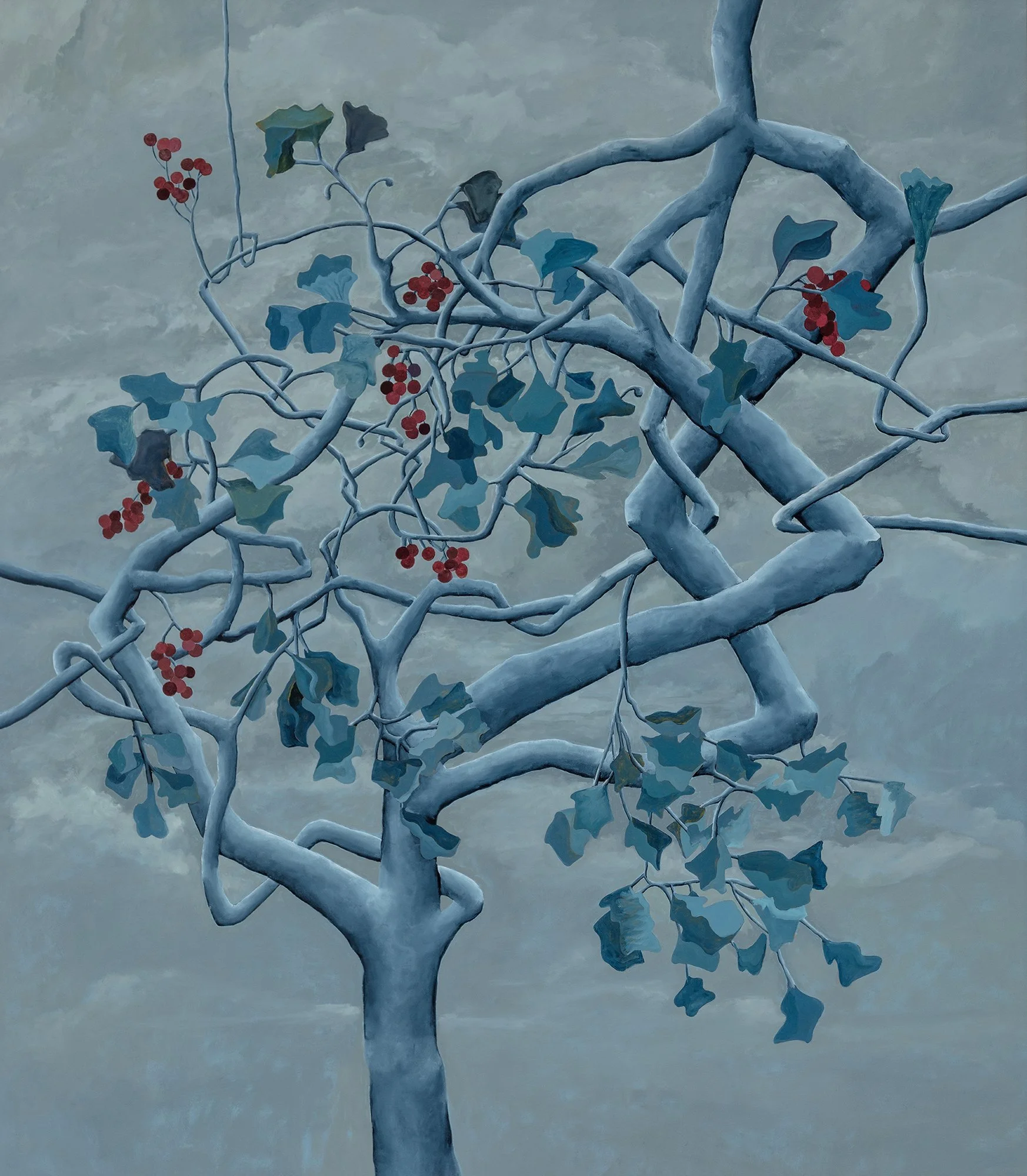 A painting of a gnarled, leafless tree with blue-grey branches and leaves, and clusters of red berries against a muted grey background.