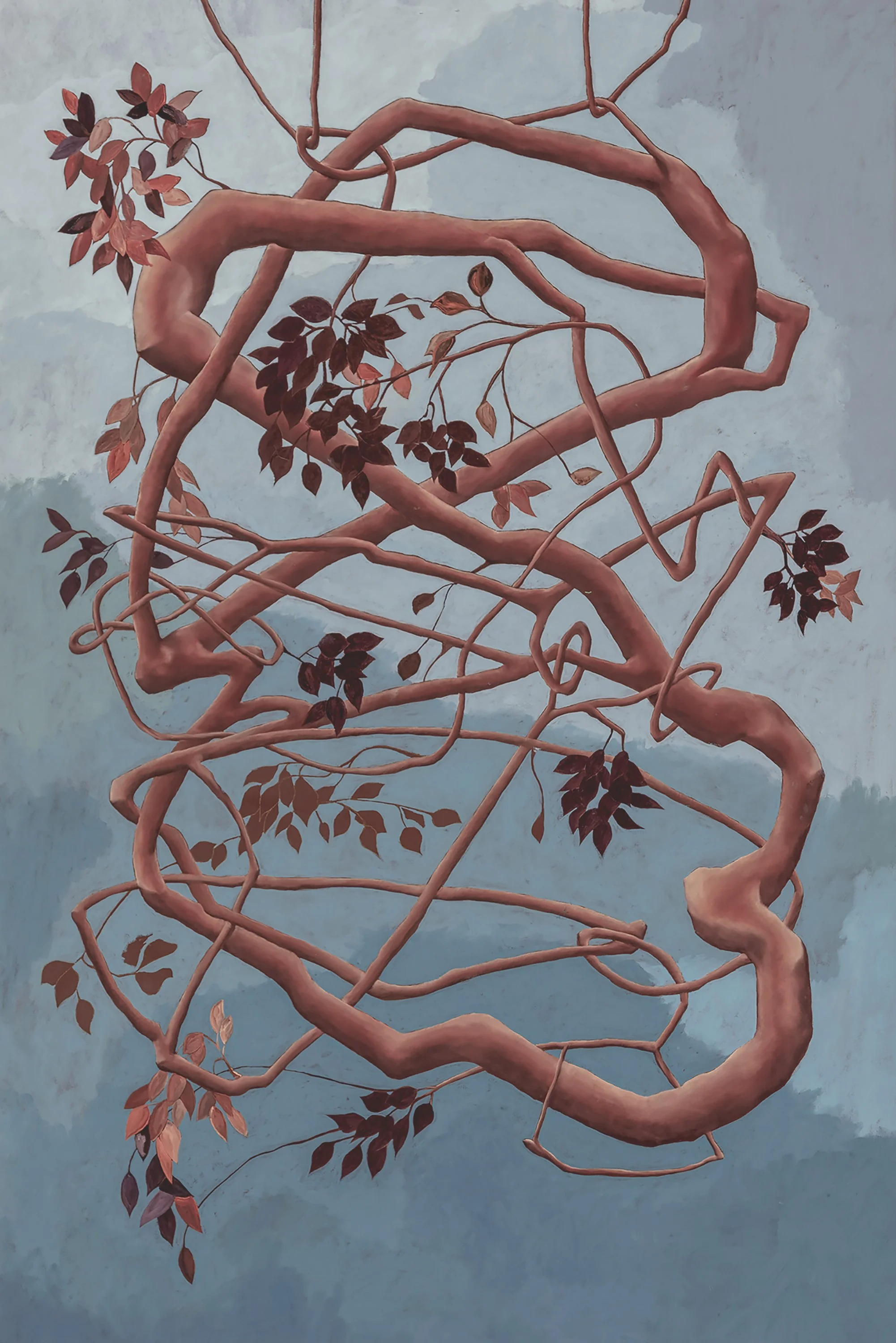 A painting of pink and brown climbing vines with leaves, set against a cloudy sky background.