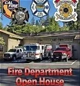 Fire Department open house event with fire trucks and emergency vehicles parked in front of a building, featuring logos of CAL FIRE, sheriff, and police mascots.