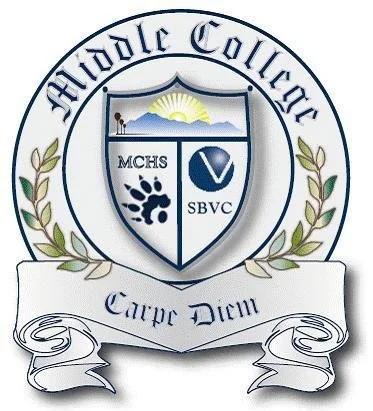 San Bernardino City Schools - Middle College at San Bernardino Valley College shield logo with mountain sun, paw print, and V symbols, surrounded by a laurel wreath and a banner