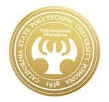 Gold circular seal with an image of a deer head in the center, around the edge the text reads 'California State Polytechnic University Pomona 1938'.