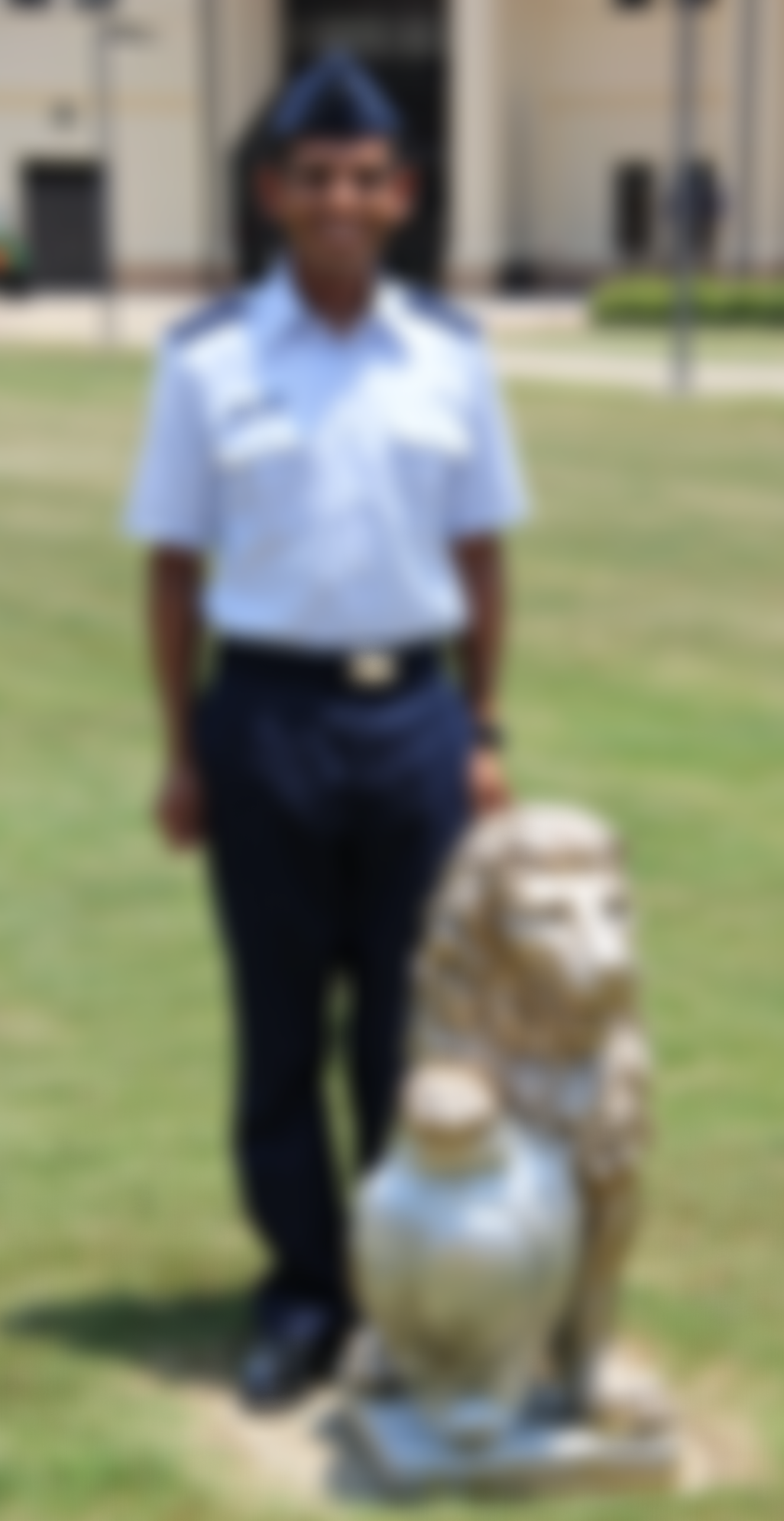 A person in a uniform standing outdoors next to a framed lion sculpture.