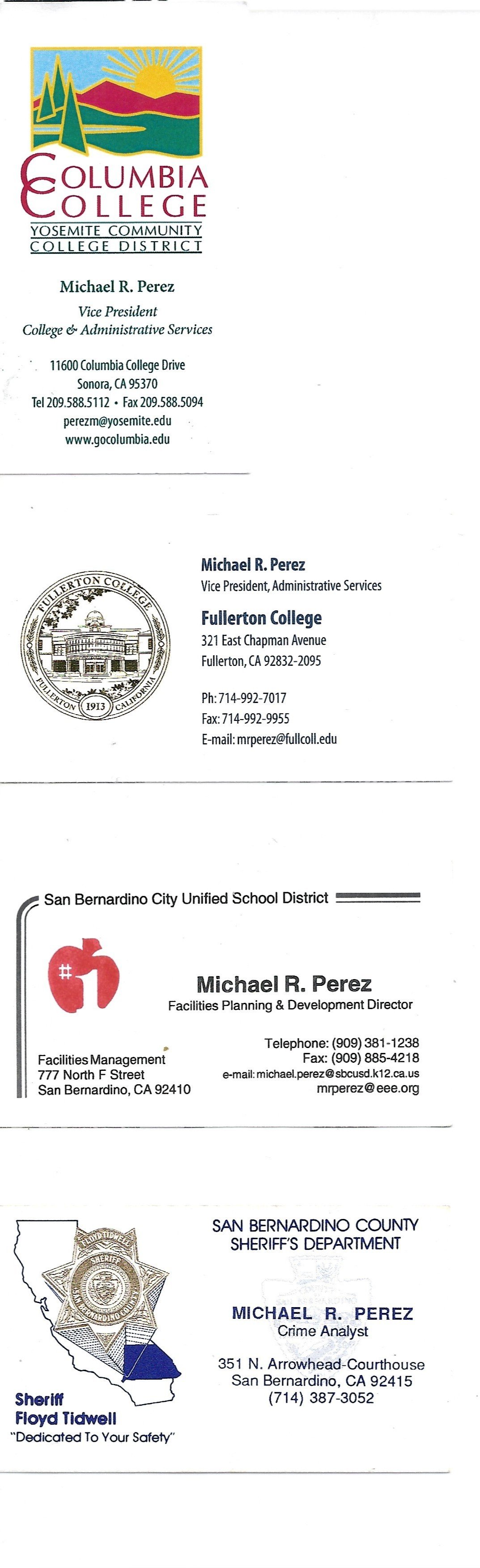 Business card featuring logos and contact information for Columbia College, Fullerton College, San Bernardino City Unified School District, and San Bernardino County Sheriff's Department, with a sun and mountain logo at the top.