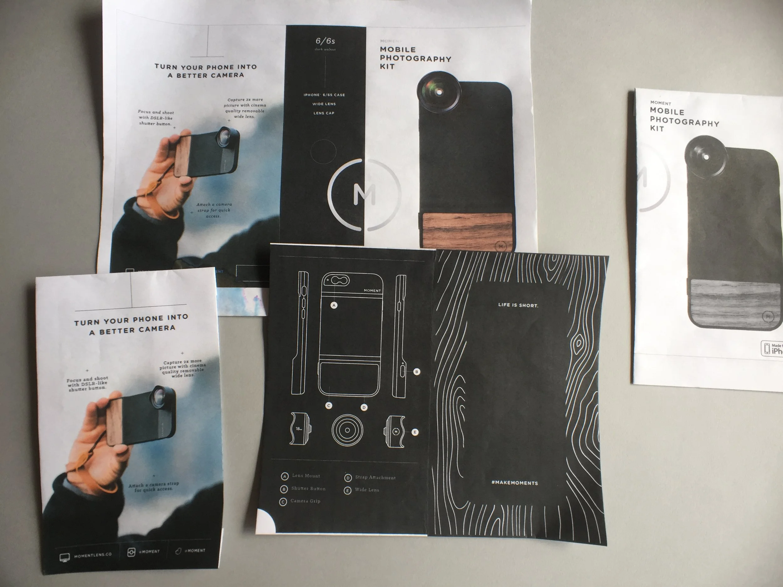 Moment product concepts, prototypes and design references arranged on presentation boards.