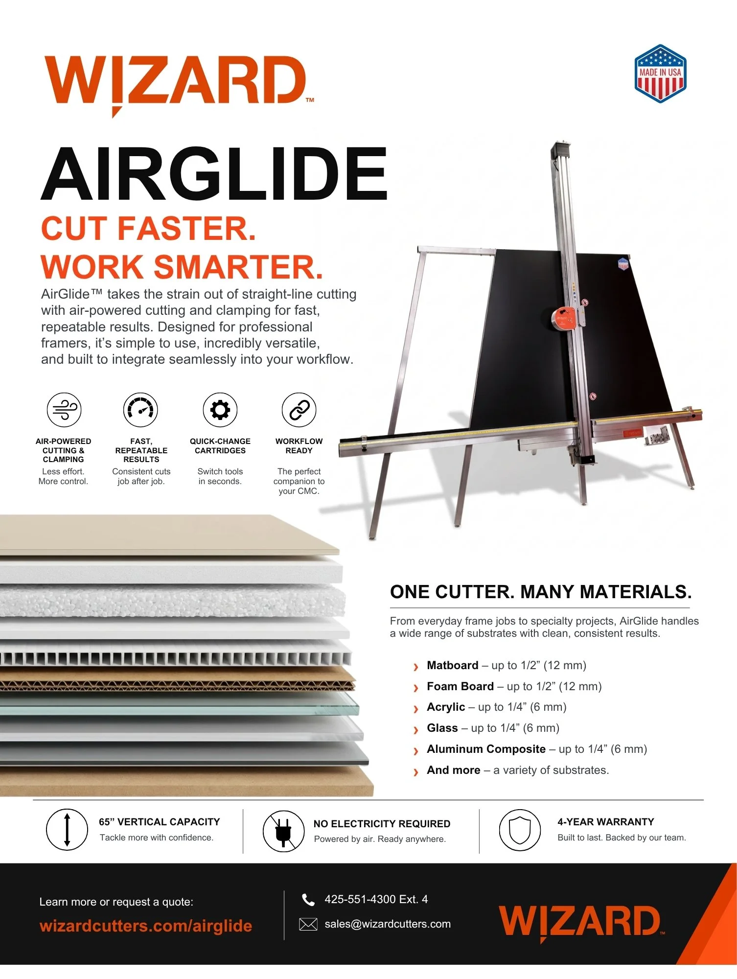 Wizard AirGlide product flyer explaining features, material compatibility and cutting applications.