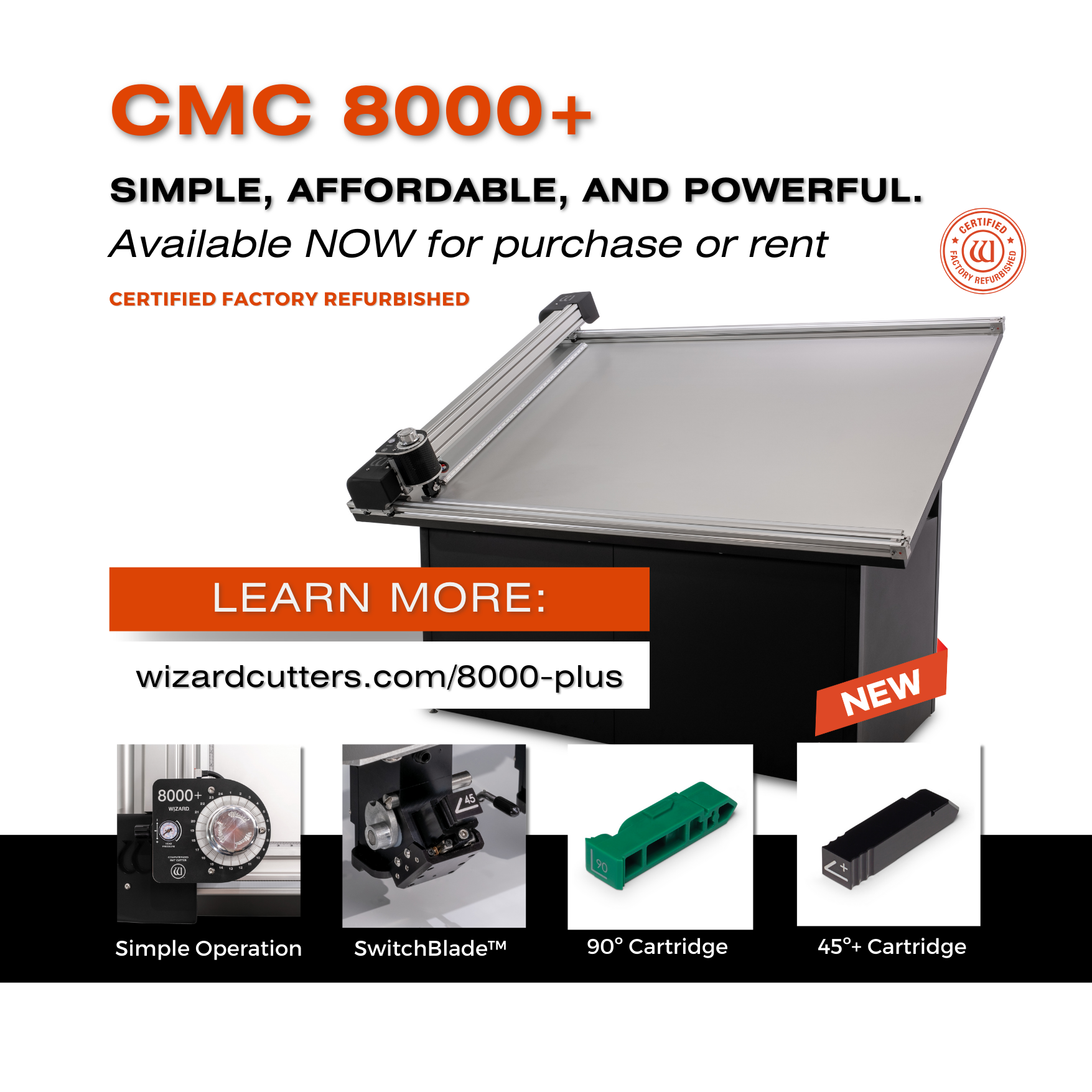 Wizard advertisement introducing the CMC 8000+ computerized mat cutter.