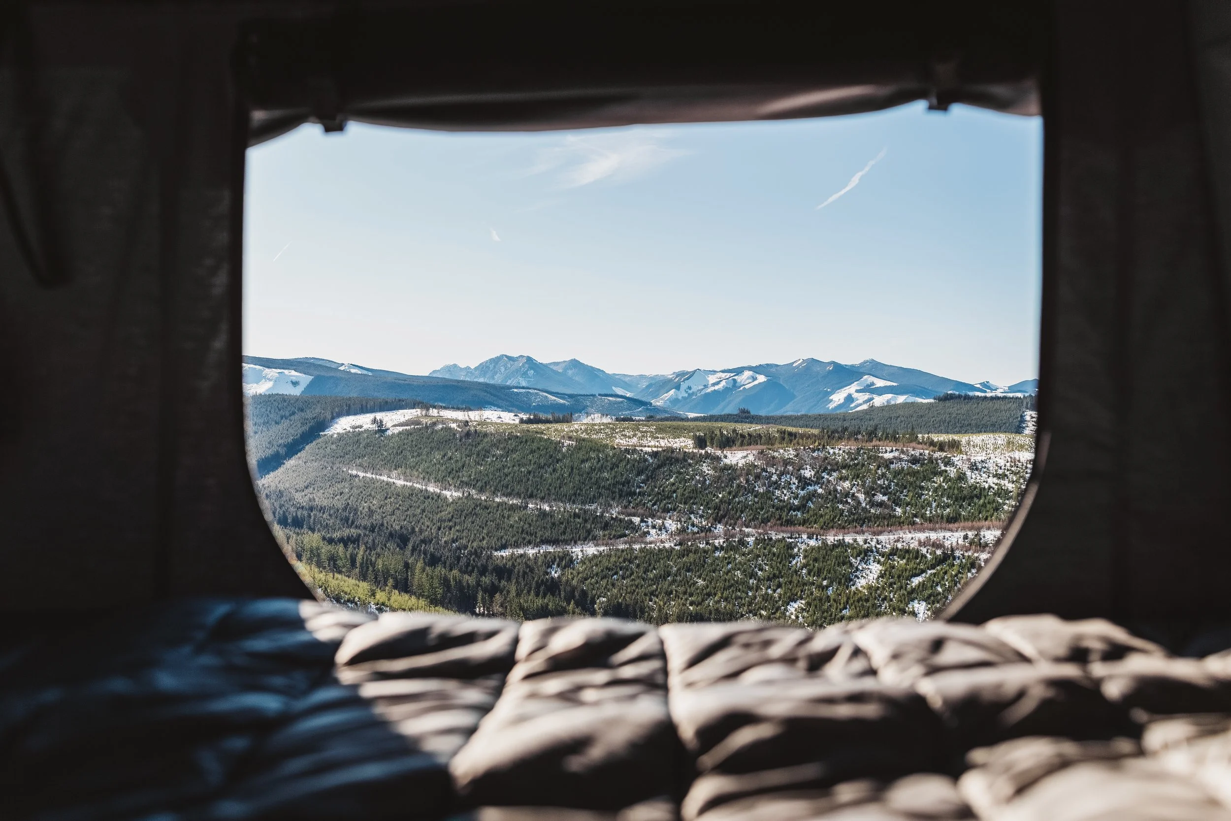 Looking through the opening of a tent at a mountain landscape with snow-capped peaks, forested slopes, and a clear blue sky.