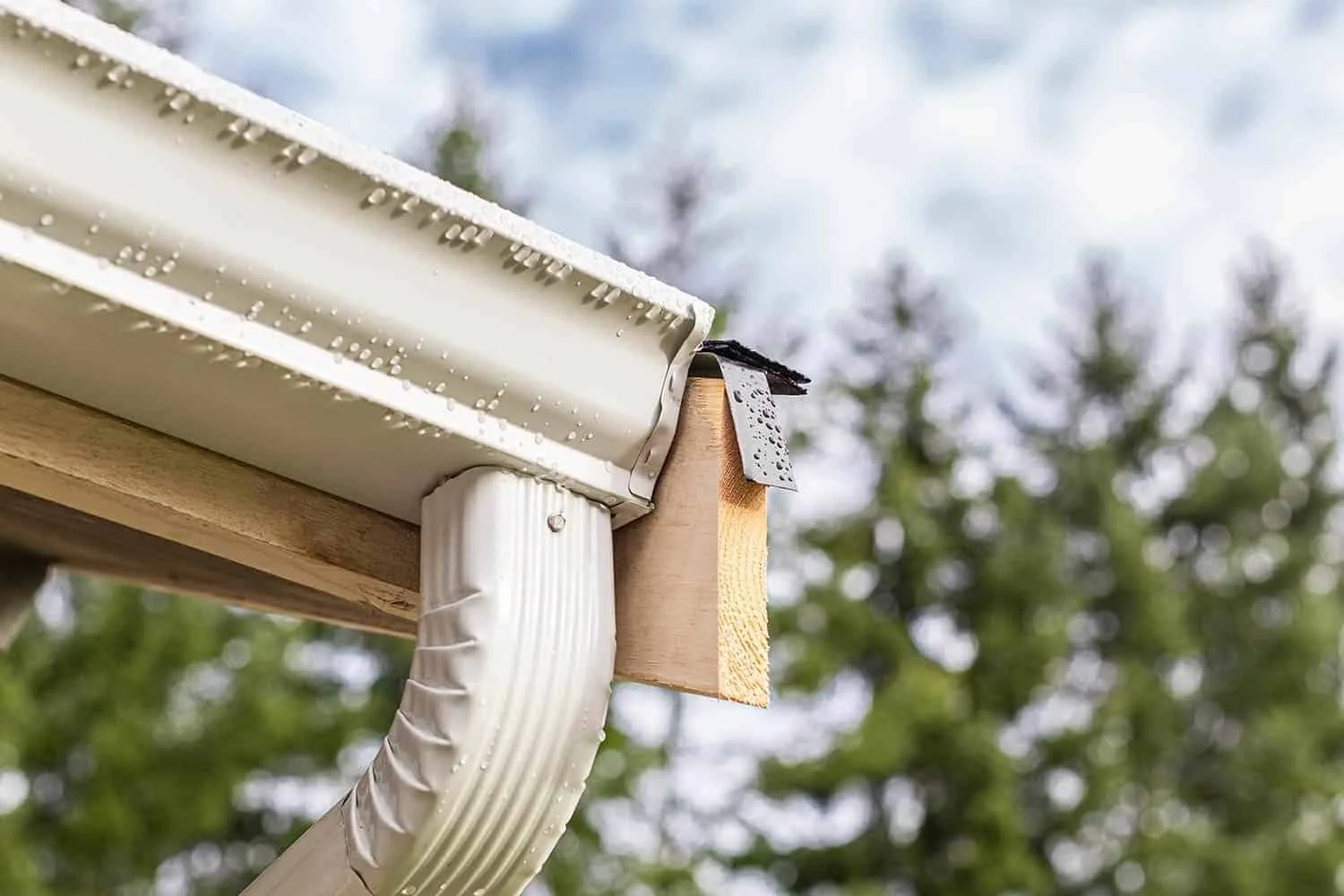 Close-up of a new gutter installation on a house, with a water drip channel at the edge, against a background of green trees and blue sky.