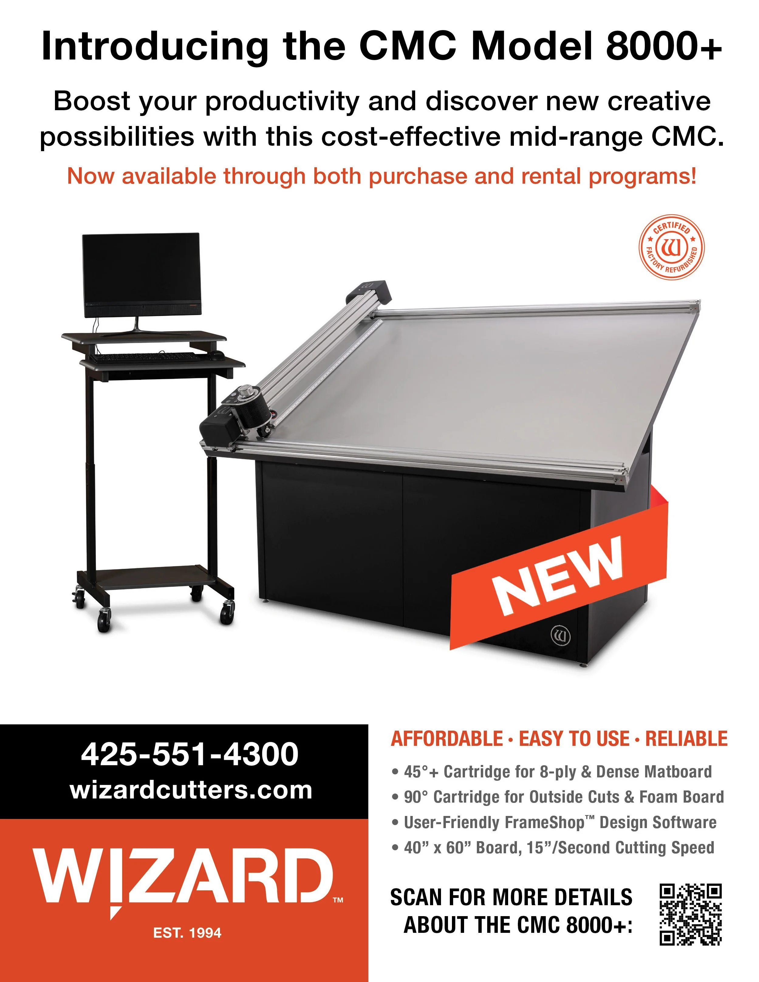 Print advertisement introducing the Wizard CMC 8000+ computerized mat cutter.