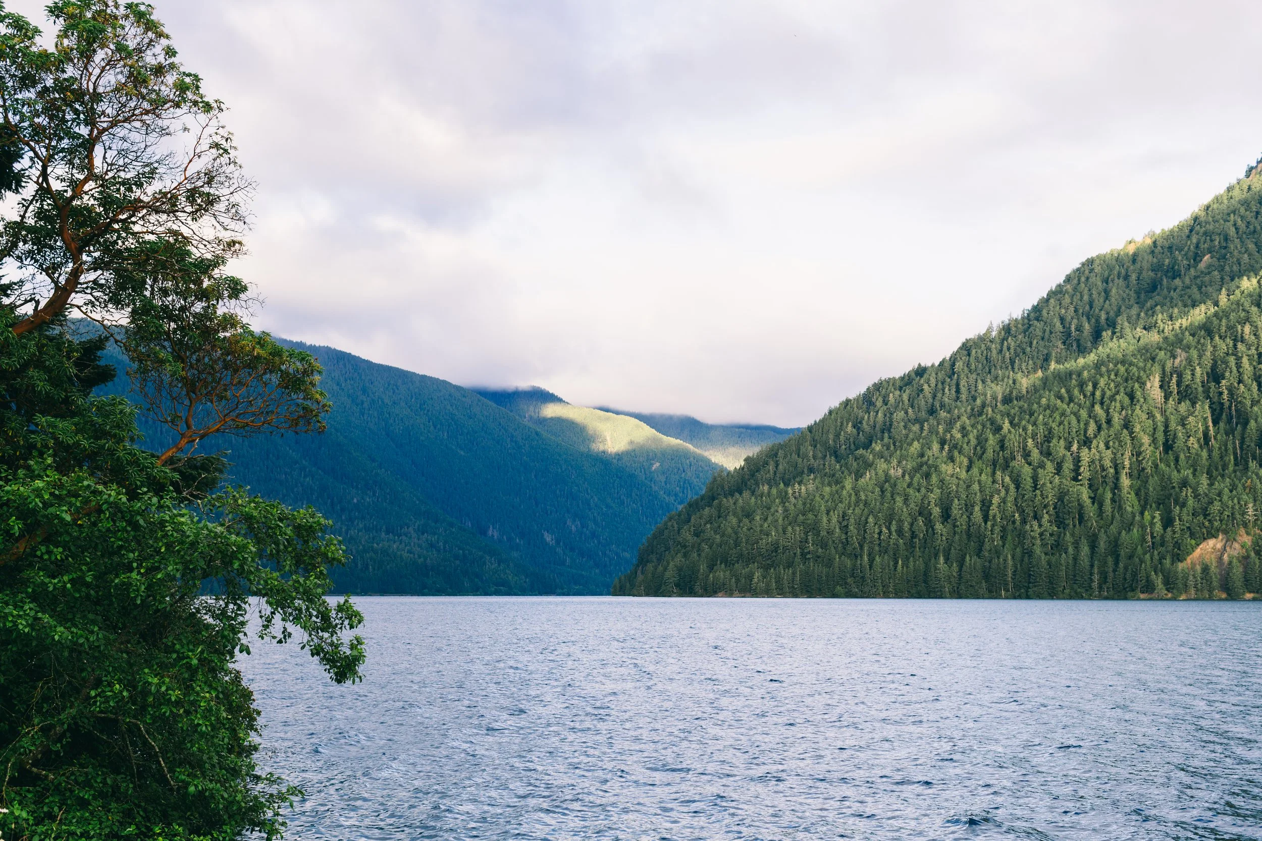 A lake surrounded by lush green forested mountains under a cloudy sky.