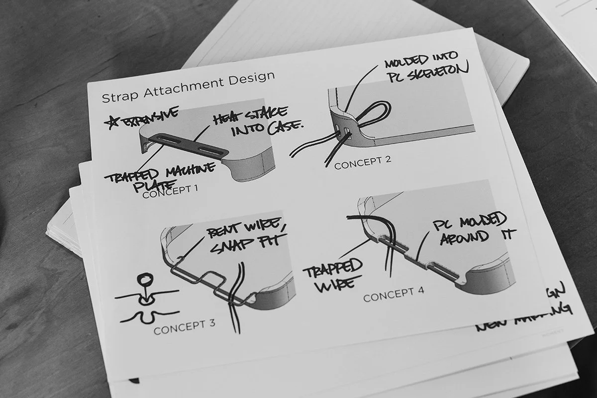 Hand-drawn concepts and technical sketches for a Moment phone accessory.