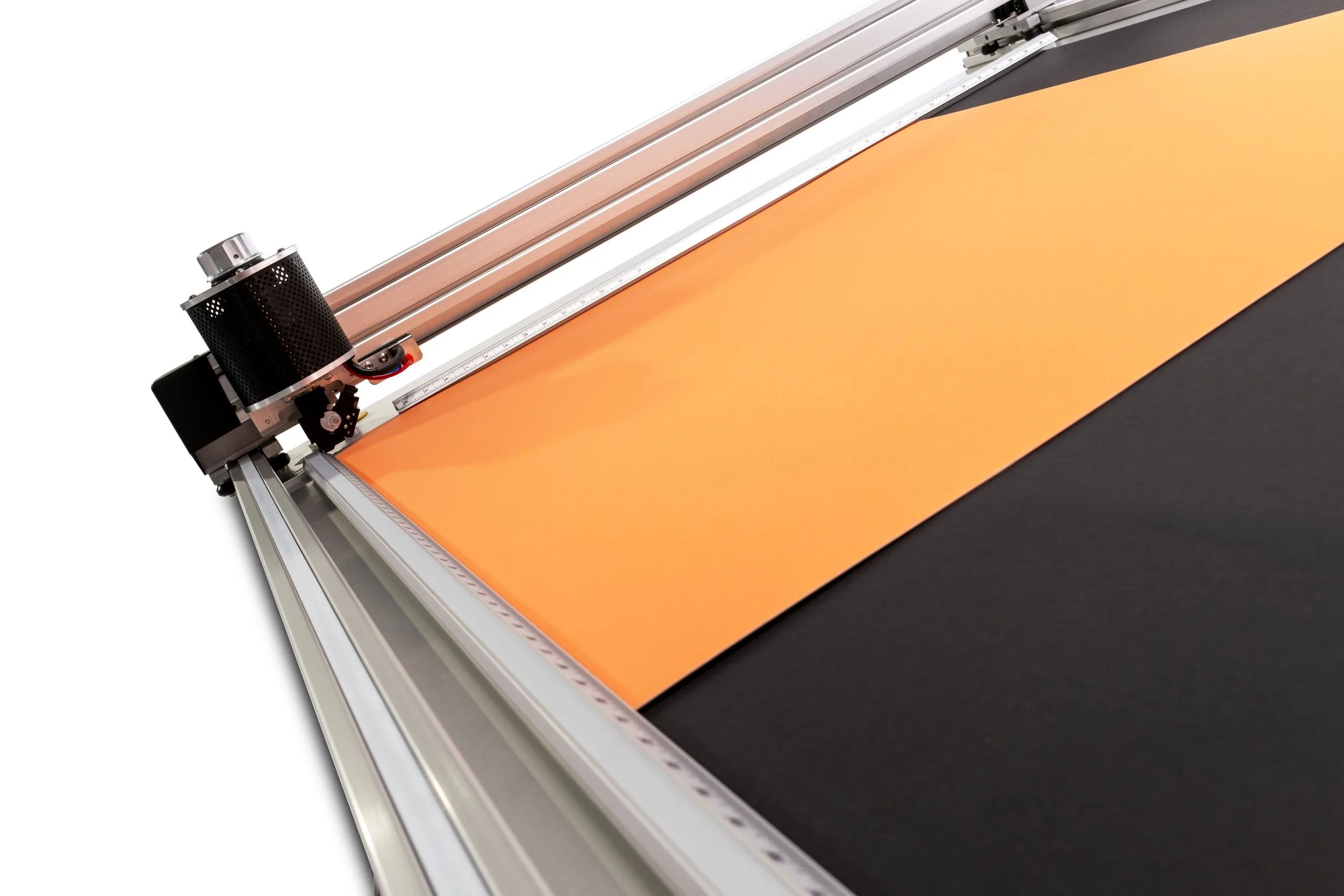 Wizard CMC 8000+ cutting orange matboard on the machine bed.
