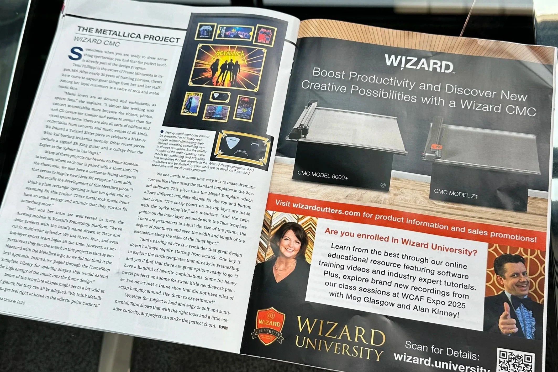Open Picture Framing Magazine spread featuring Wizard editorial coverage and advertising.