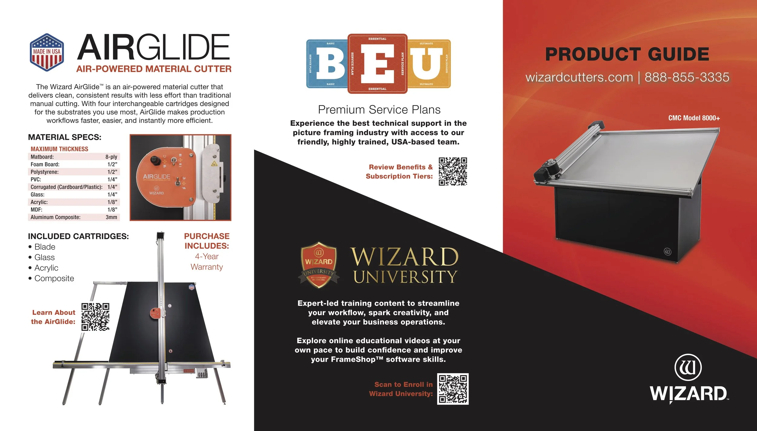 Wizard sales collateral featuring AirGlide, Premium Service Plans and Wizard University resources.