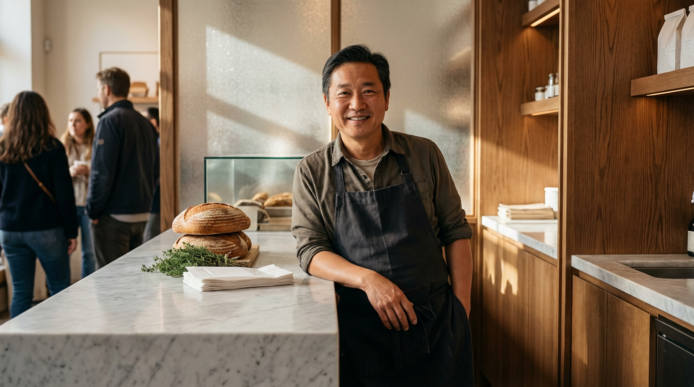 Smiling bakery employee in a black apron standing behind a marble counter with fresh sourdough loaves