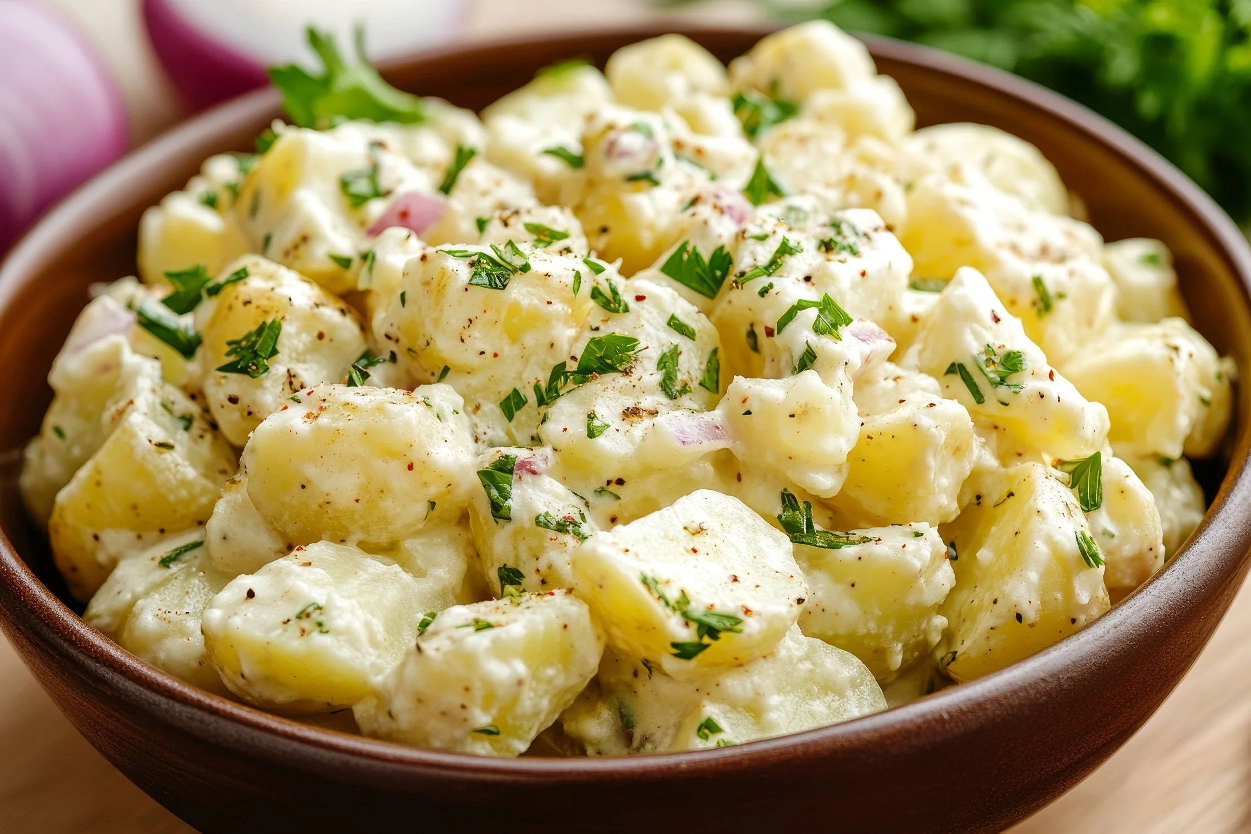 Creamy potato salad with parsley, red onion, and black pepper in a wooden bowl