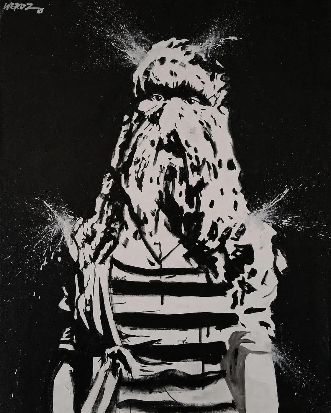 Black and white graffiti-style artwork of a girl with long hair, wearing a striped shirt, with splattered paint effects around her