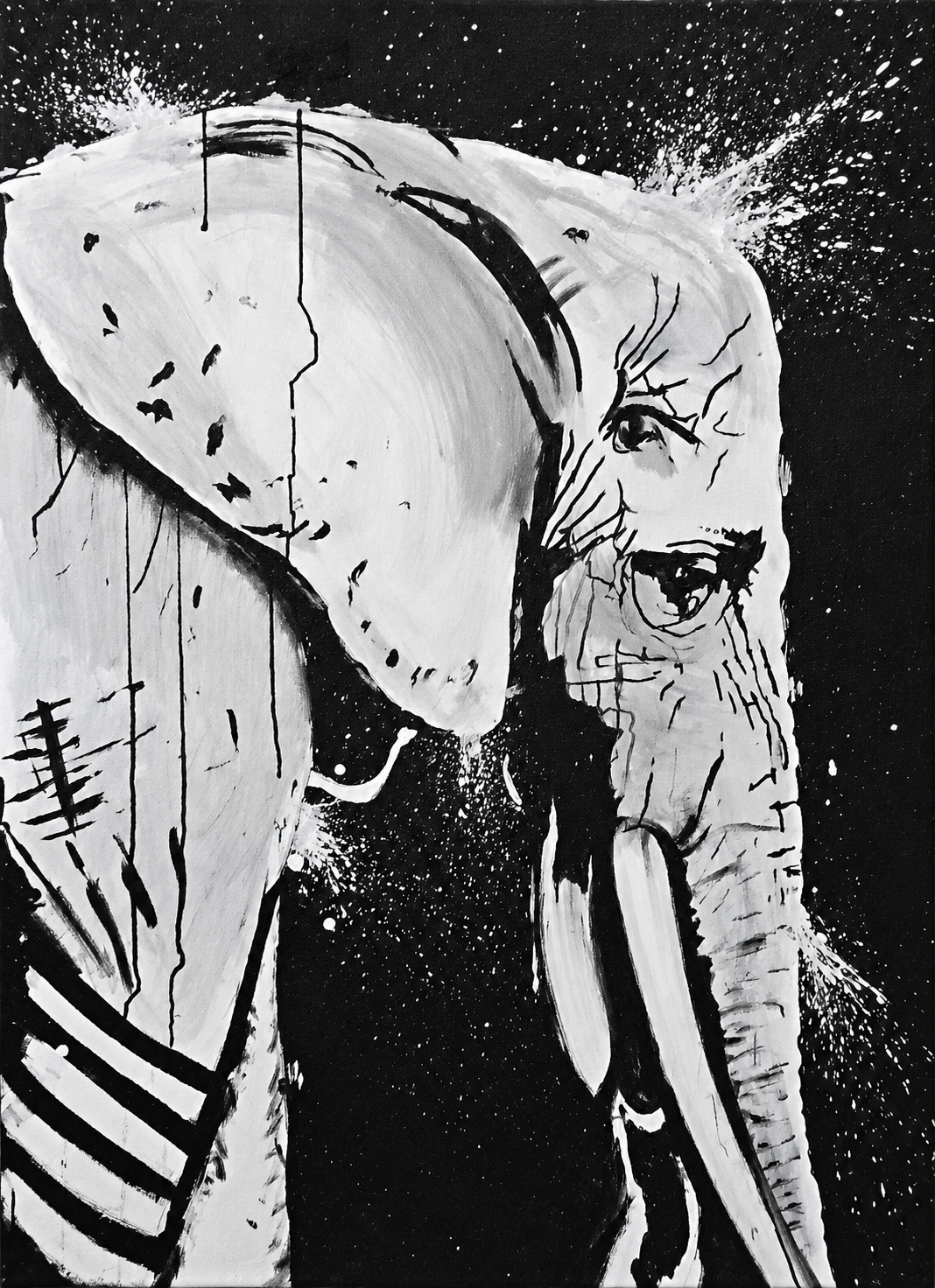 Black and white abstract painting of a person with a large hat and a dog in front of them. The person's face is detailed, and the background has splatters and strokes.