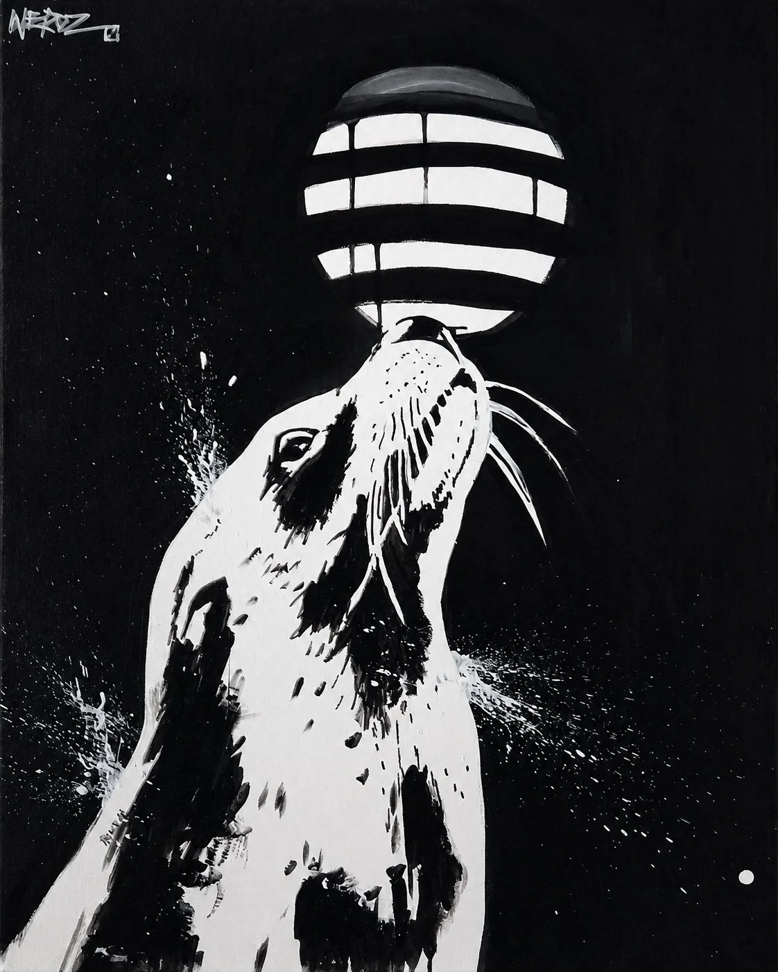 Black and white illustration of a sea lion or seal in front of a large, lattice-patterned moon or planet in a starry night sky.