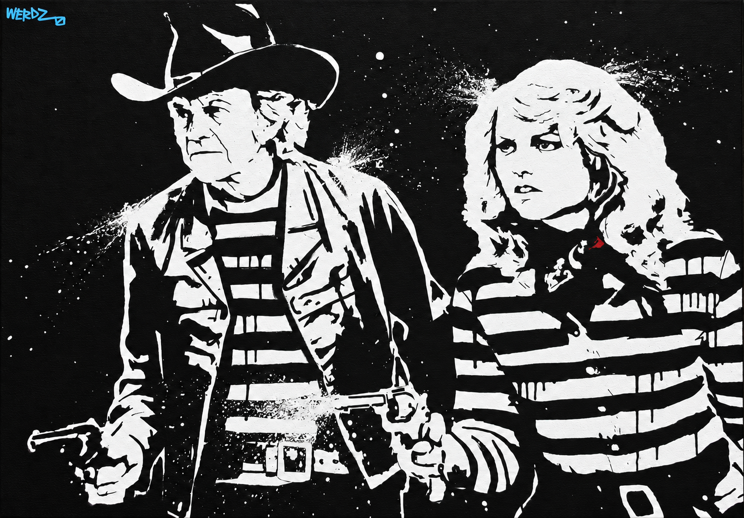 Black and white street art of a man and woman holding hands, dressed in striped shirts, with the man wearing a hat and the woman with voluminous hair, against a black background with splatter effects and the artist's signature in the top left corner.