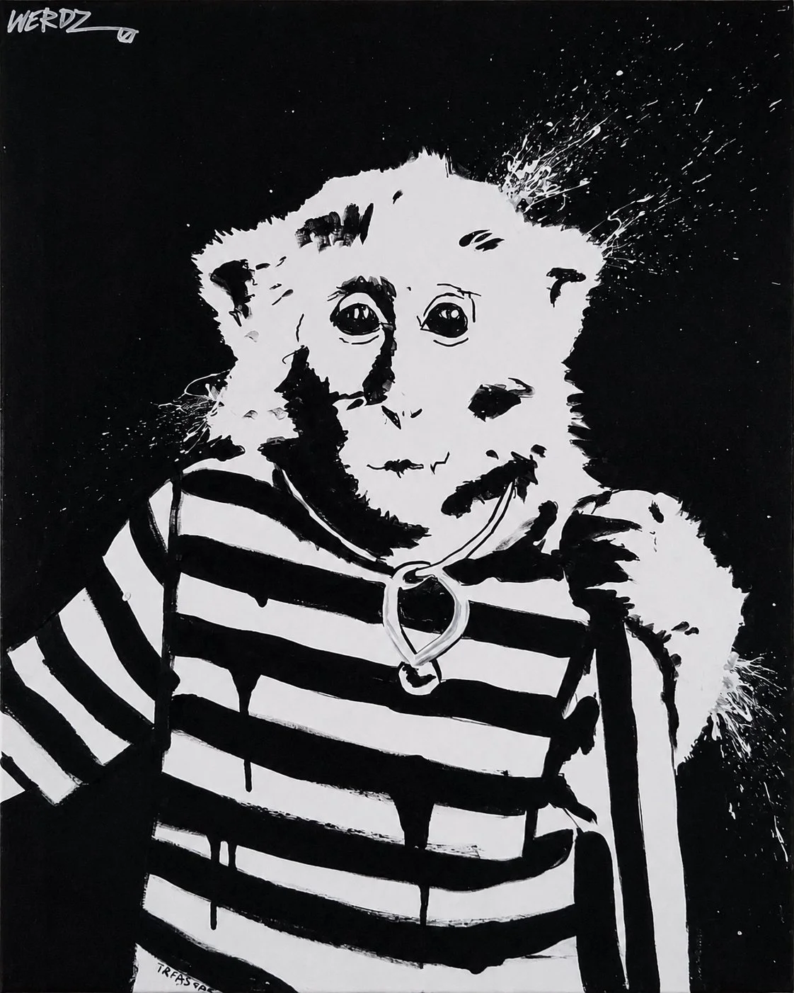 Black and white painting of a young child with three eyes wearing a striped shirt and a collar with a heart-shaped ring.