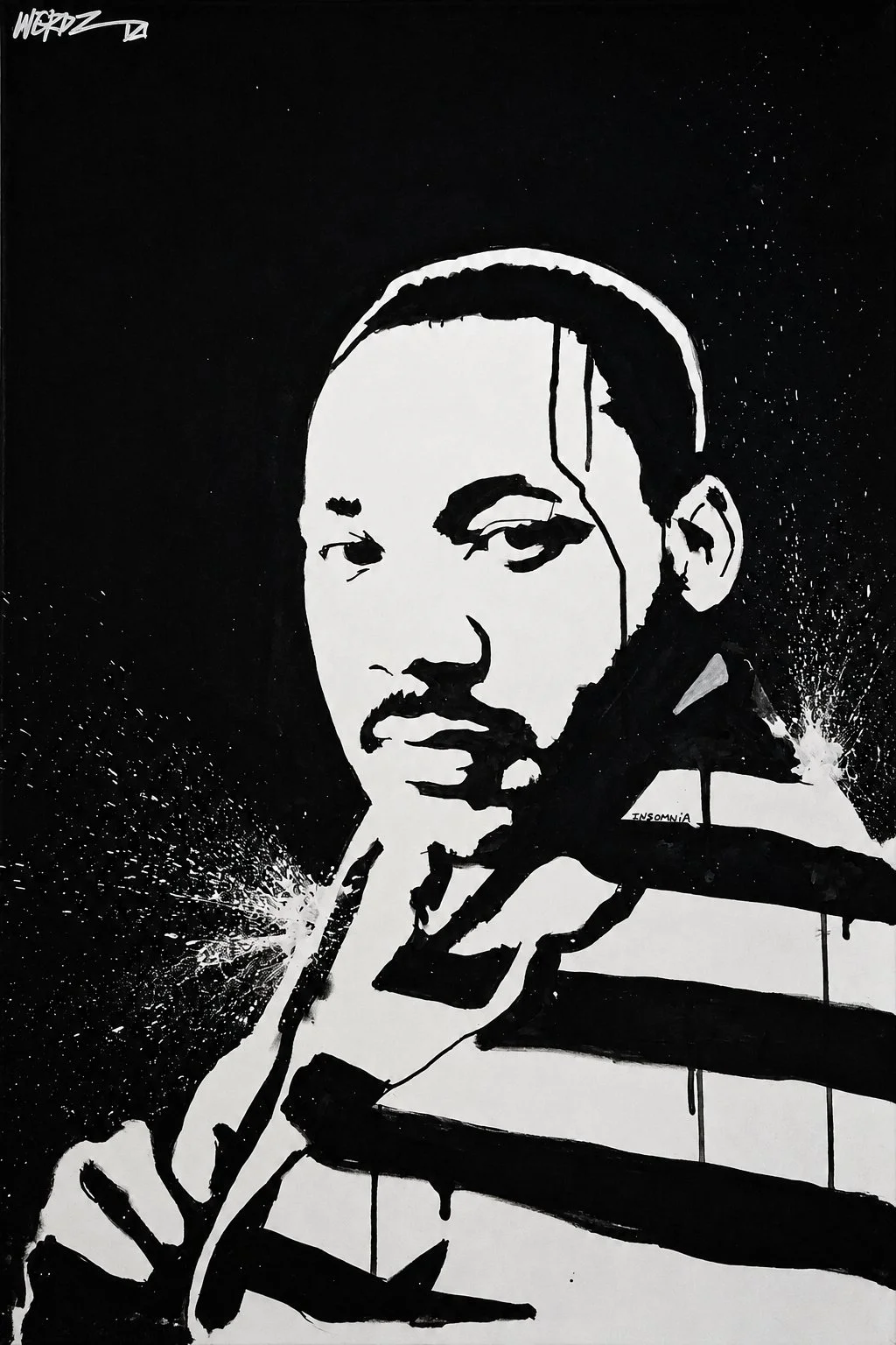 Black and white graffiti-style portrait of a woman with short hair, holding a finger to her lips in a 'shh' gesture. The background is black with splattered paint and the word 'NERDZ' in the top left corner.
