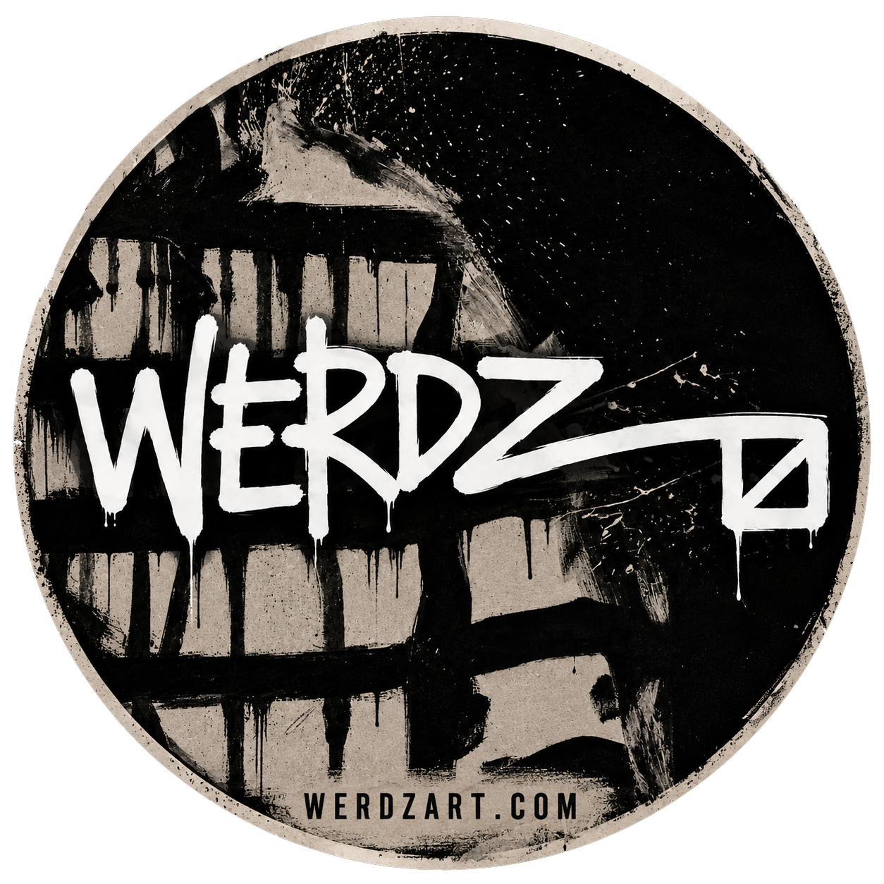 Black circular logo with graffiti-style text 'WERDZ' and the website 'WERDZART.COM' at the bottom, featuring abstract black and gray paint splatters and drips.