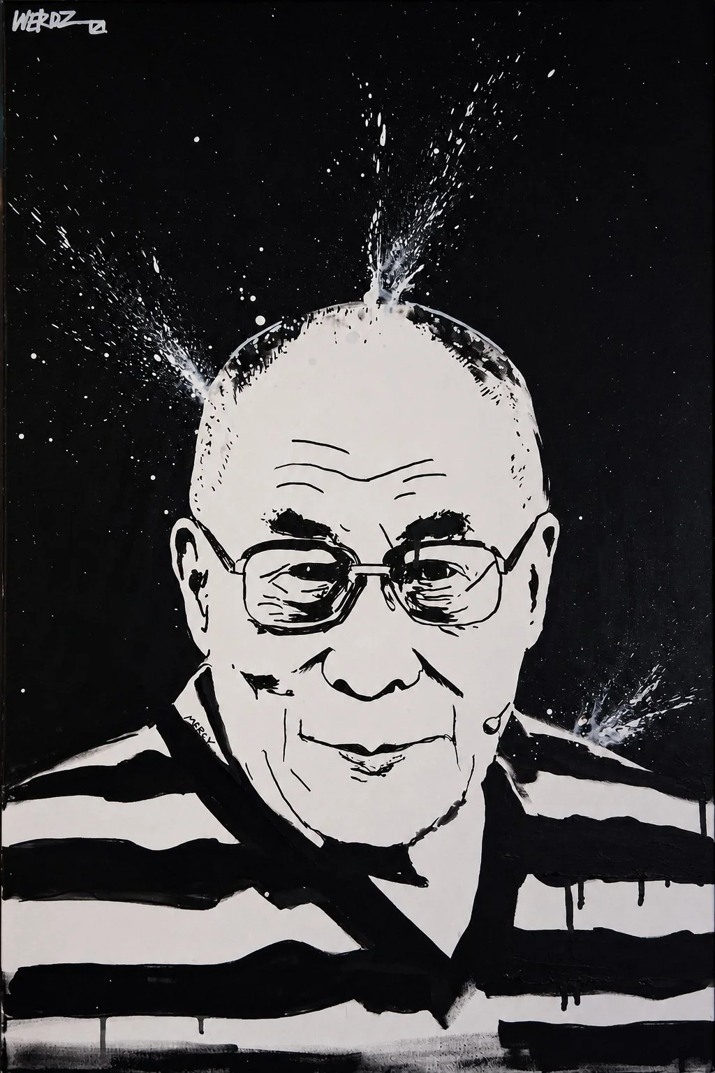 Painting of an elderly man with glasses, wearing a striped shirt, smiling against a dark background with splatter effects.