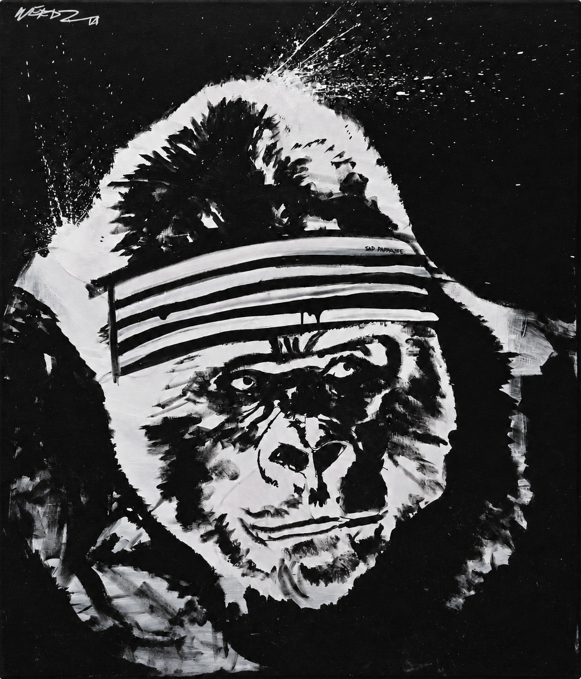 Black and white abstract portrait of a man's face. He is wearing a striped headband with the USA flag design. The art style is expressive with splatters and bold brush strokes.