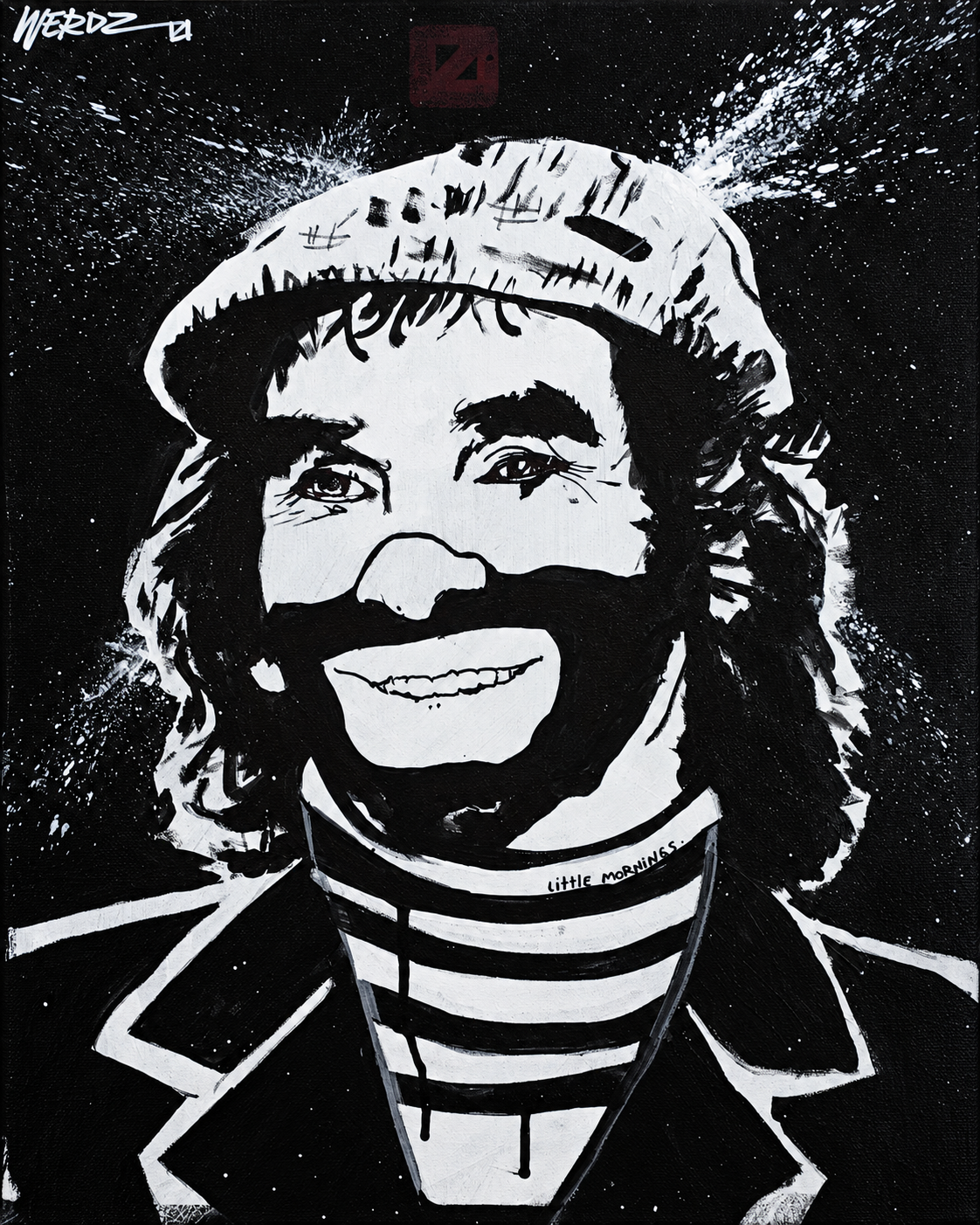 Black and white painting depicting a smiling man with long hair, a beard, wearing a striped shirt, jacket, and a hat, with a starry space background and white splatters.