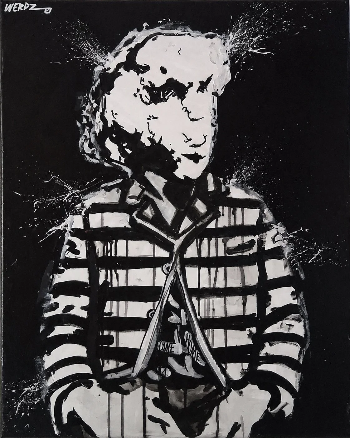 Black and white street art portrait of a young woman with curly hair, wearing a striped shirt and holding a camera.