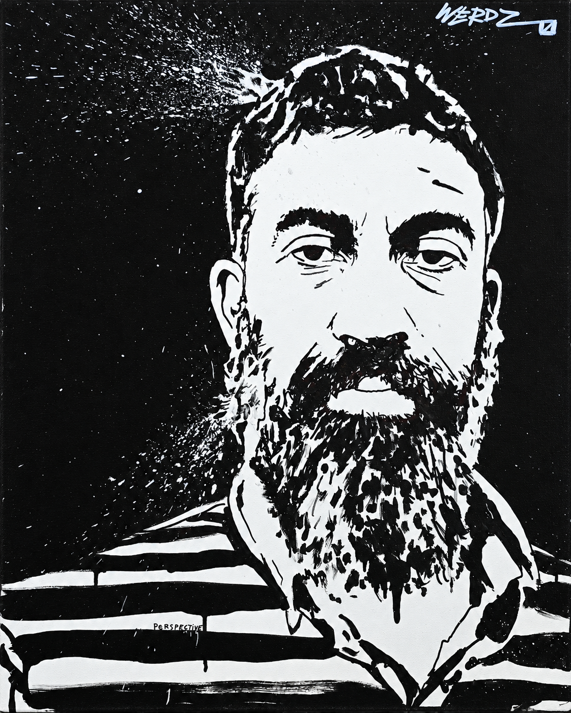 Black and white portrait of a man with a beard in a striped shirt, with a cosmic background and splatters of paint.