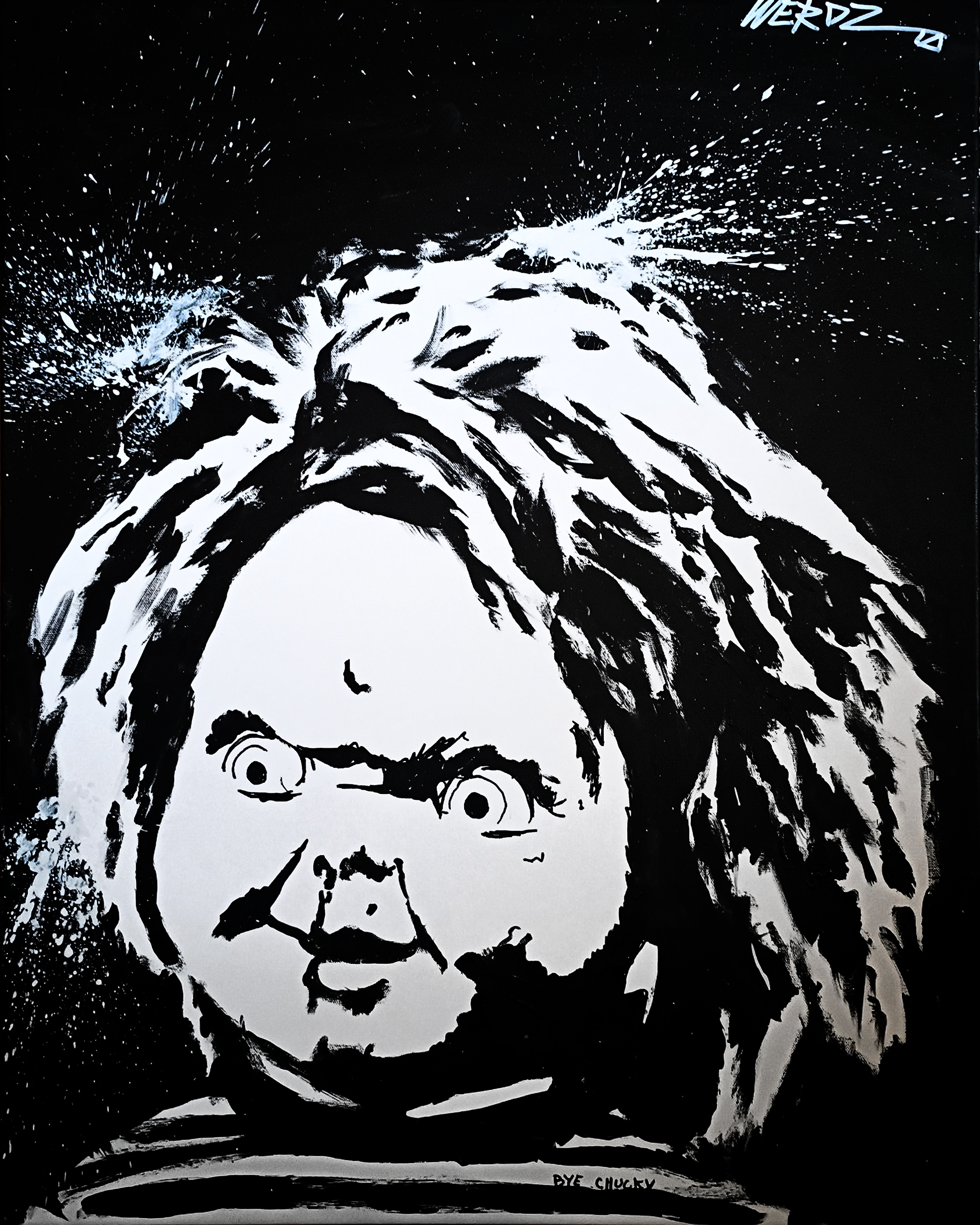 Black and white artistic sketch of a boy with messy hair and a worried expression, surrounded by splattered paint effects. The text 'BYE CHUCKY' is written at the bottom, and the top right corner has a signature or stylized text.