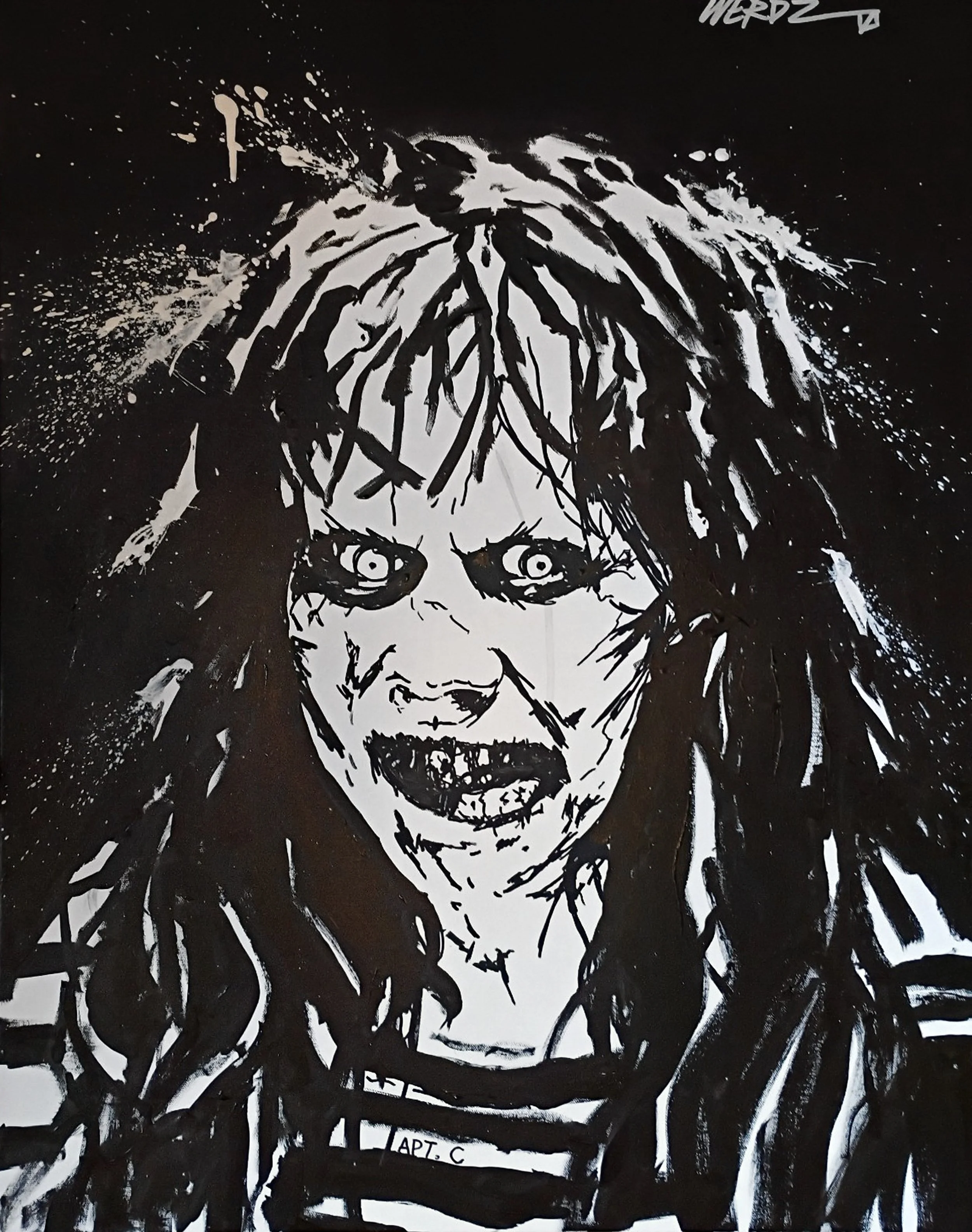 Black and white artistic drawing of a person's face with an open mouth, wide eyes, and messy long hair, possibly depicting anger or fear.