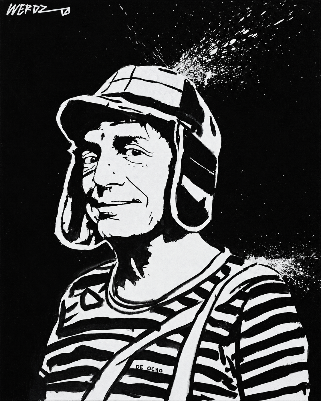 Black and white graffiti-style portrait of a person wearing a striped shirt and a cap with ear flaps, against a dark background with paint splatters.