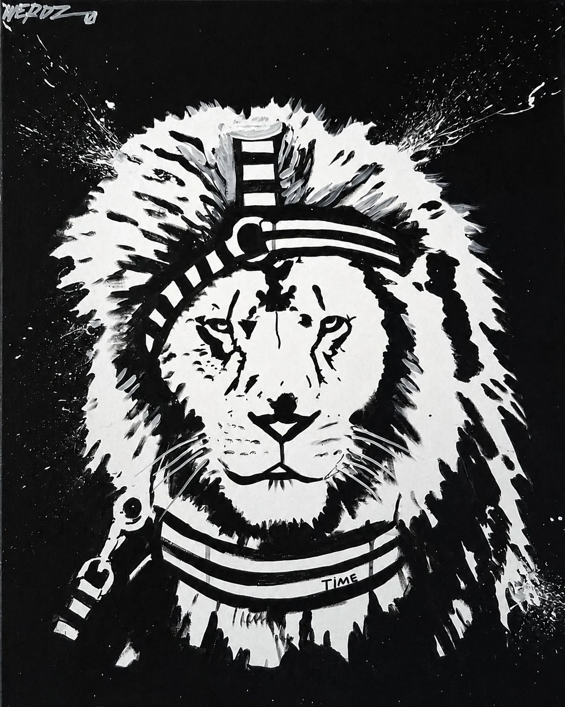 Black and white artistic depiction of a lion's face wearing a clock on its forehead and a collar with the word 'TIME' on it.
