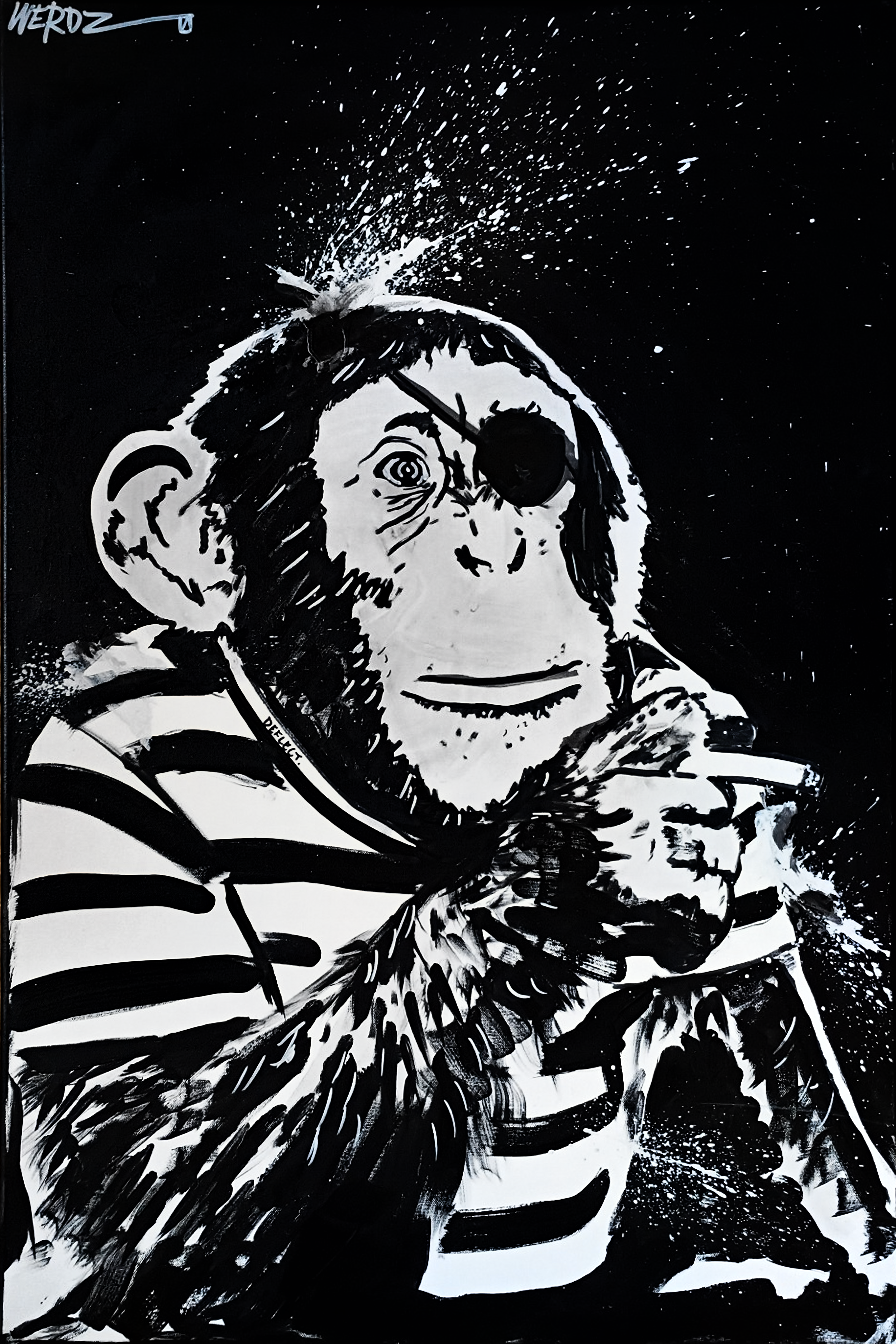 Black and white drawing of a young girl with an eye patch, wearing a striped shirt, and holding what appears to be a small animal or object. There are splashes and strokes indicating a splash of paint or ink in the background.