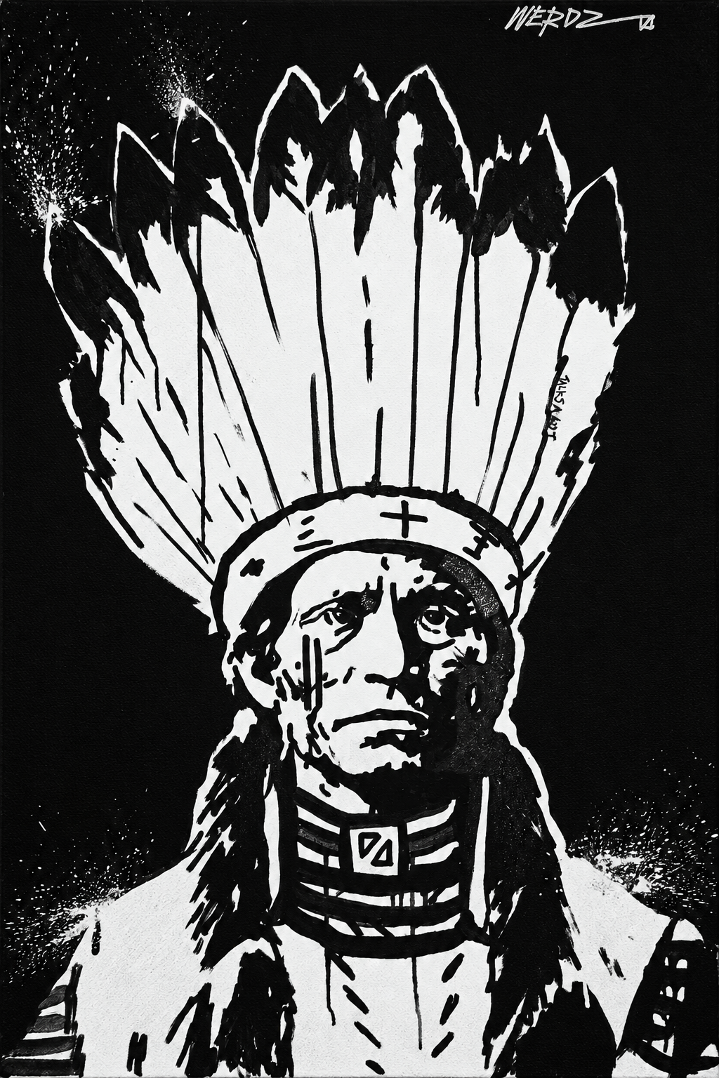 Black and white illustration of a Native American man wearing a headdress with feathers and a choker necklace, with a serious expression.
