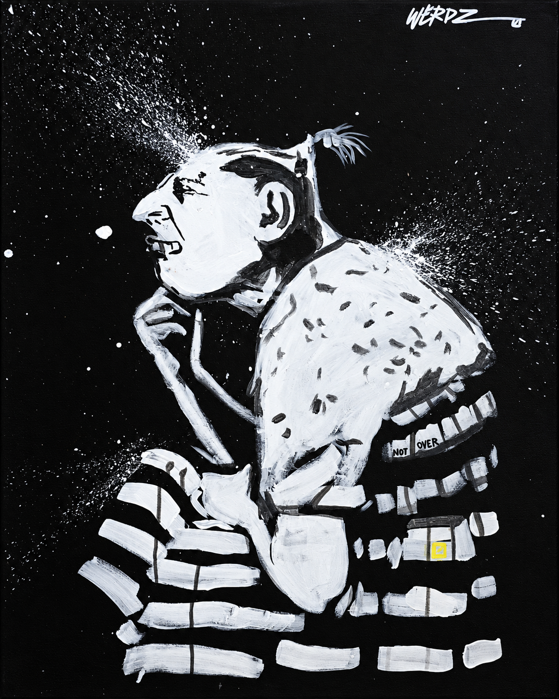 A monochrome illustration of a person with a thought outfit, with a striped shirt, sunglasses, and an afro. The person appears to be deep in thought, with one hand on their chin, against a black background with white splatters.