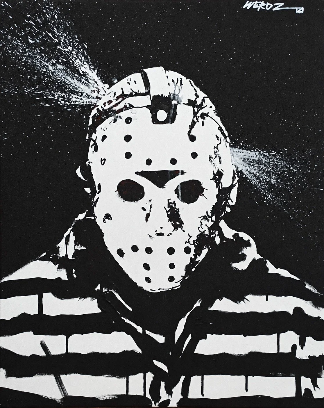 A black and white graffiti-style artwork of a person wearing a hockey mask, similar to Jason Voorhees from Friday the 13th, with shots of spray paint around the head and a barred fence in the foreground.