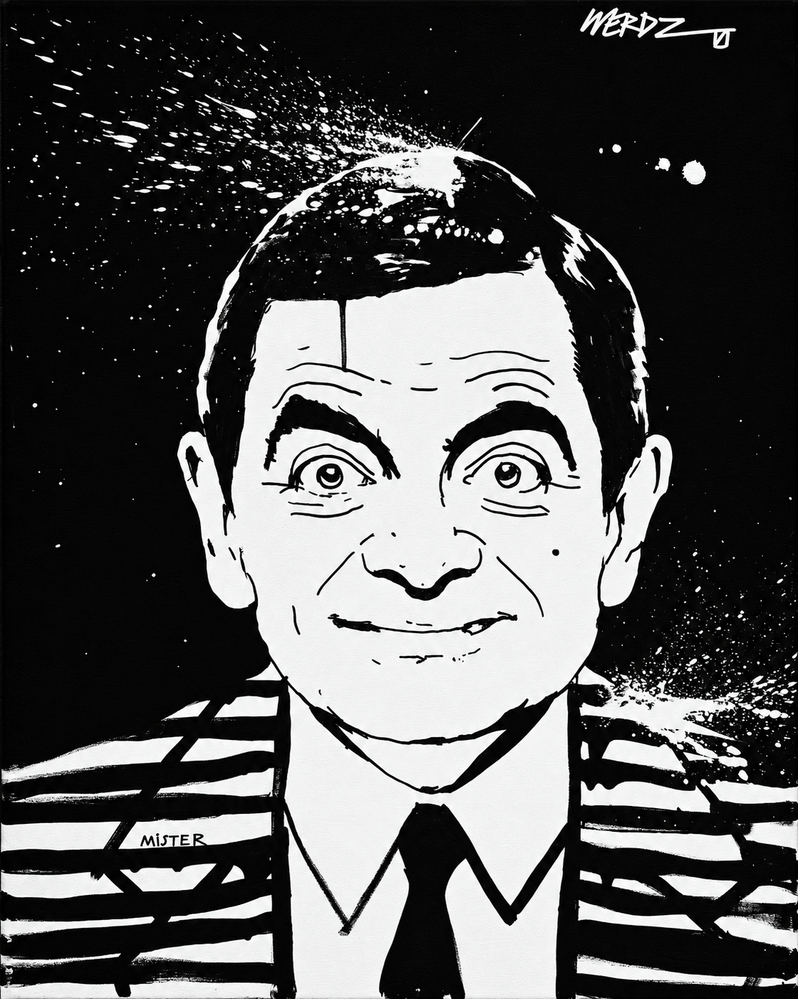 Black and white artistic illustration of a man with short dark hair, wide eyes, and a big smile, wearing a striped jacket with a name tag labeled 'MISTER' and a tie, against a space-like background with stars and cosmic splashes.