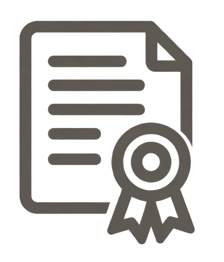 Icon of a document with a ribbon and a seal, representing certification or achievement.